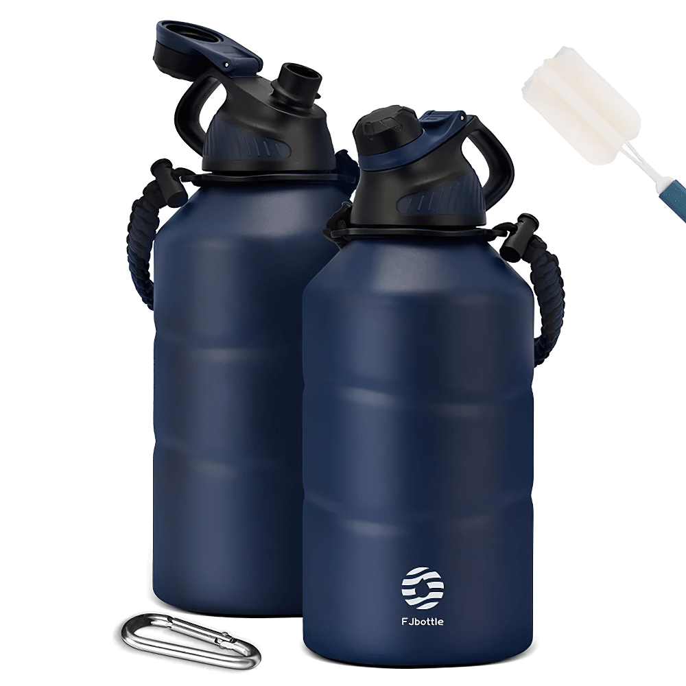 1.9L stainless steel thermos bottle with durable handle and secure lid, featuring thermal insulation for outdoor activities.